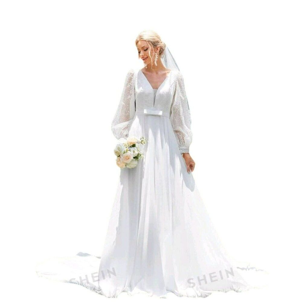 Shein V-neck Lantern Sleeve Wedding Dress White Women's Sz XL/12